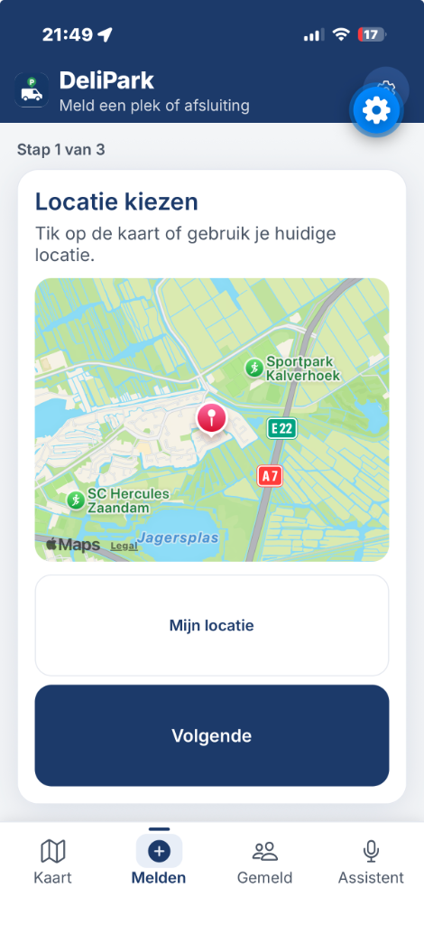 DeliPark scherm om een nieuwe plek of afsluiting te melden