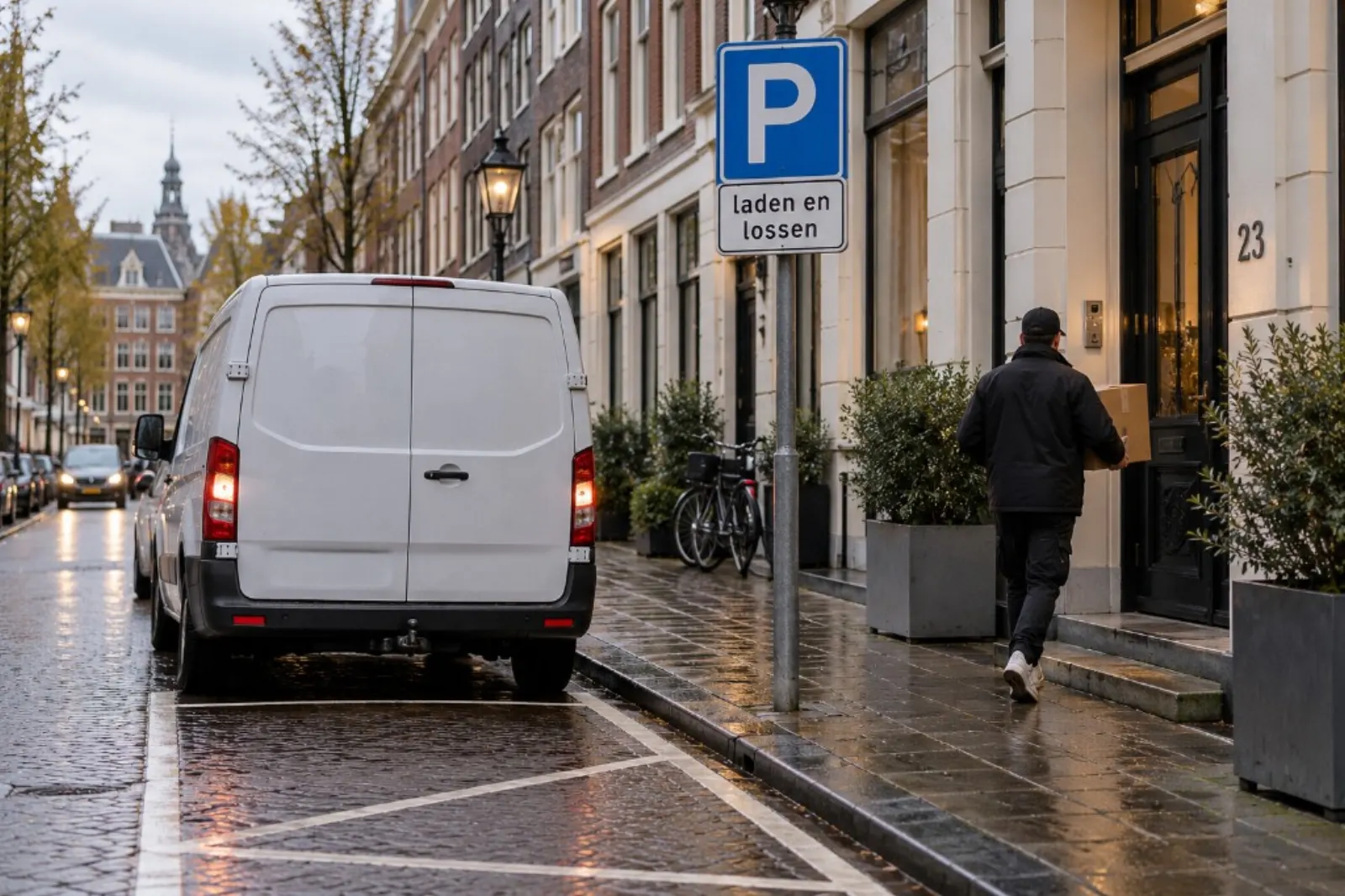 Bestelbus op een officiële laad- en losplek in een Nederlandse binnenstad terwijl een bezorger een pakket aflevert